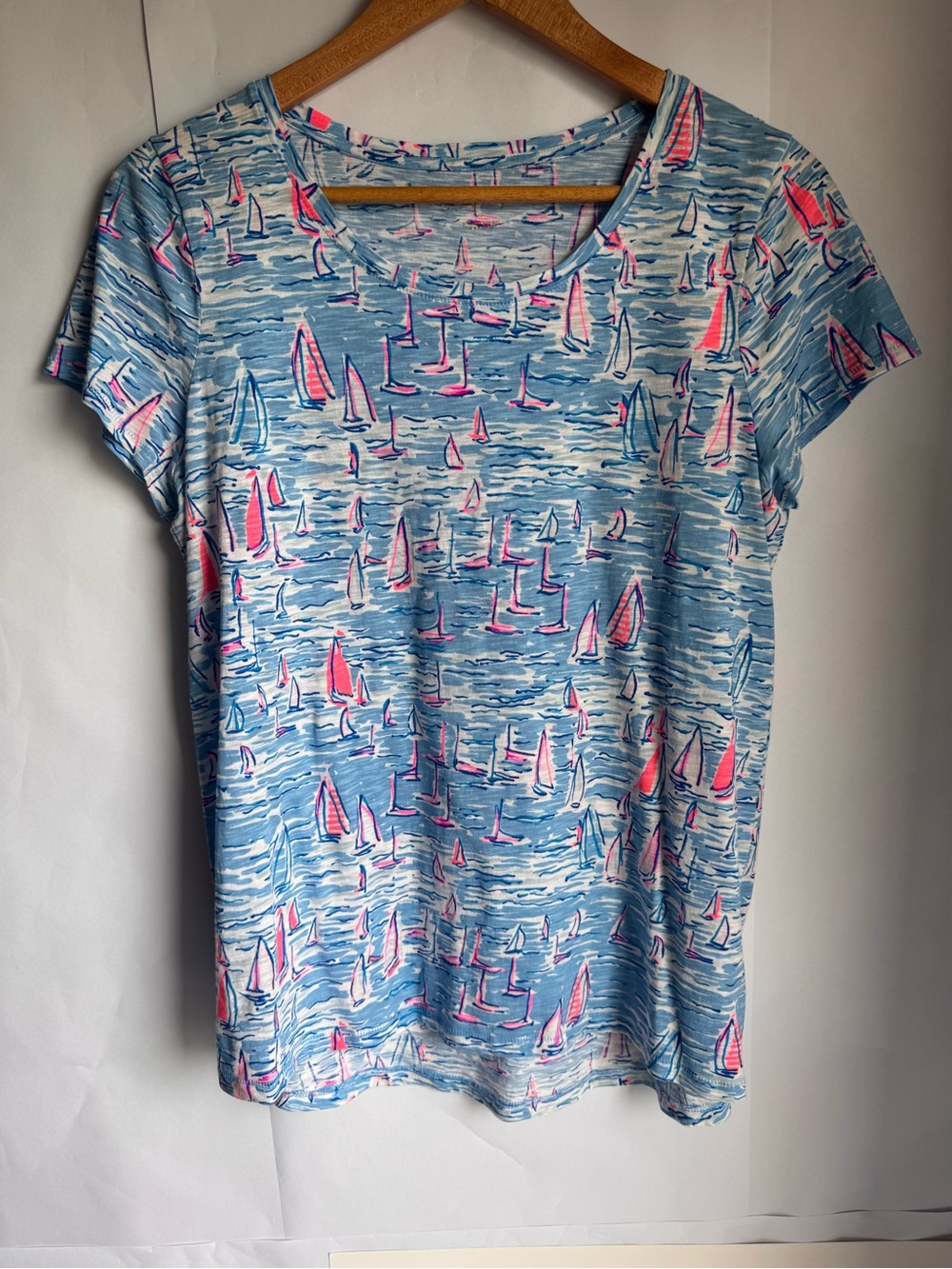 Lilly Pulitzer Etta Light Blue Sailboat Print Tee with Pink Accents